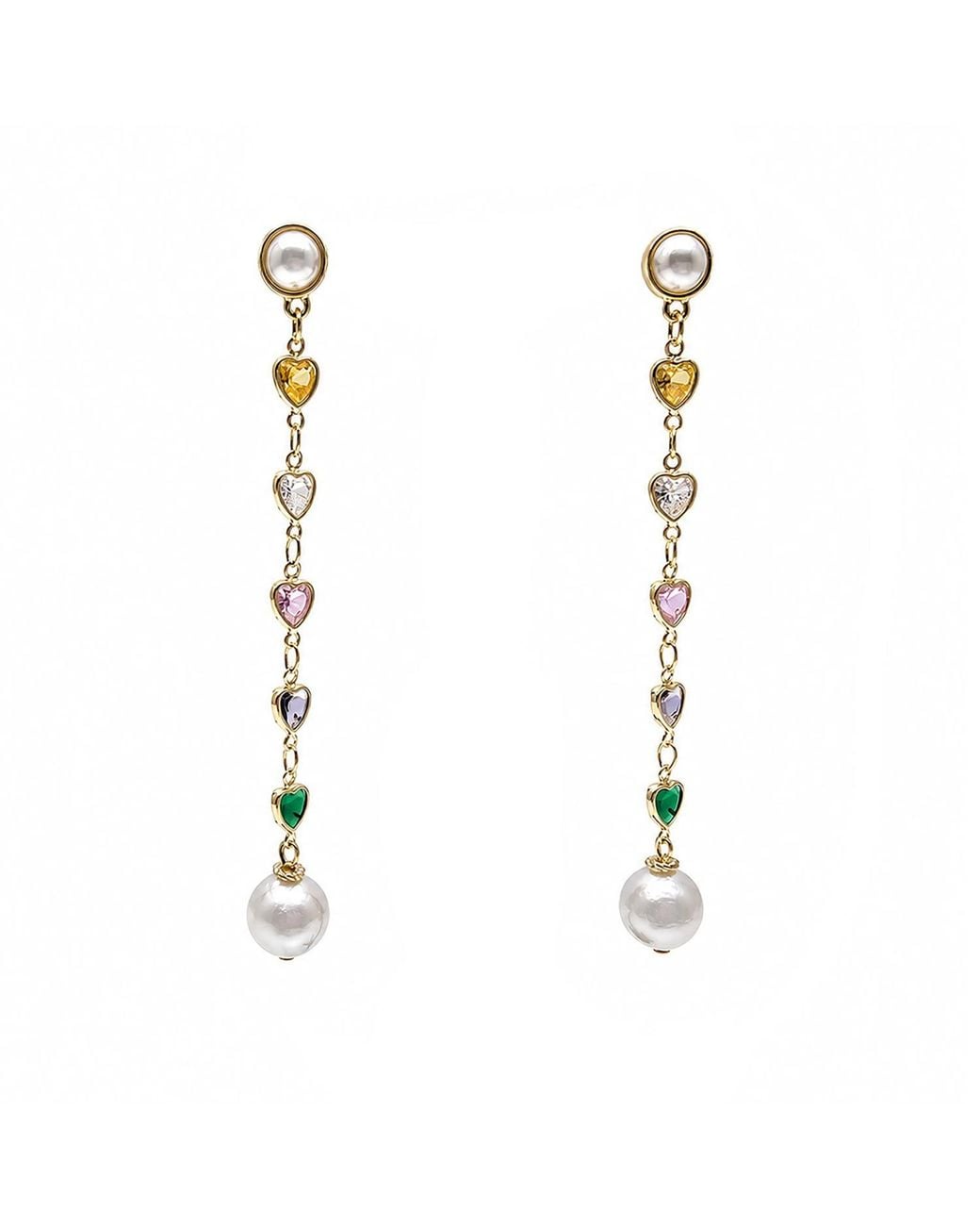 Farra Metallic Colorful Heart Zircon With Freshwater Pearl Drops Stud Earrings