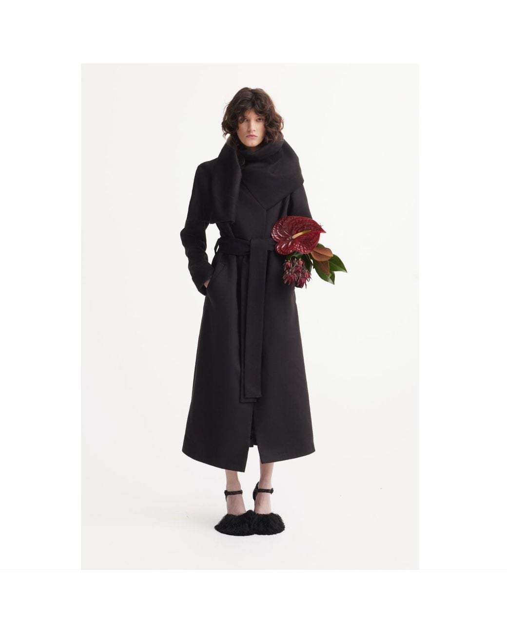 Julia Allert Black Long Wrap Coat With Drape Collar