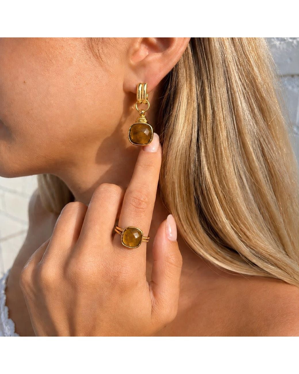 By Ozge Metallic Golden Focus Natural Tiger's Eye Plated Drop Earrings
