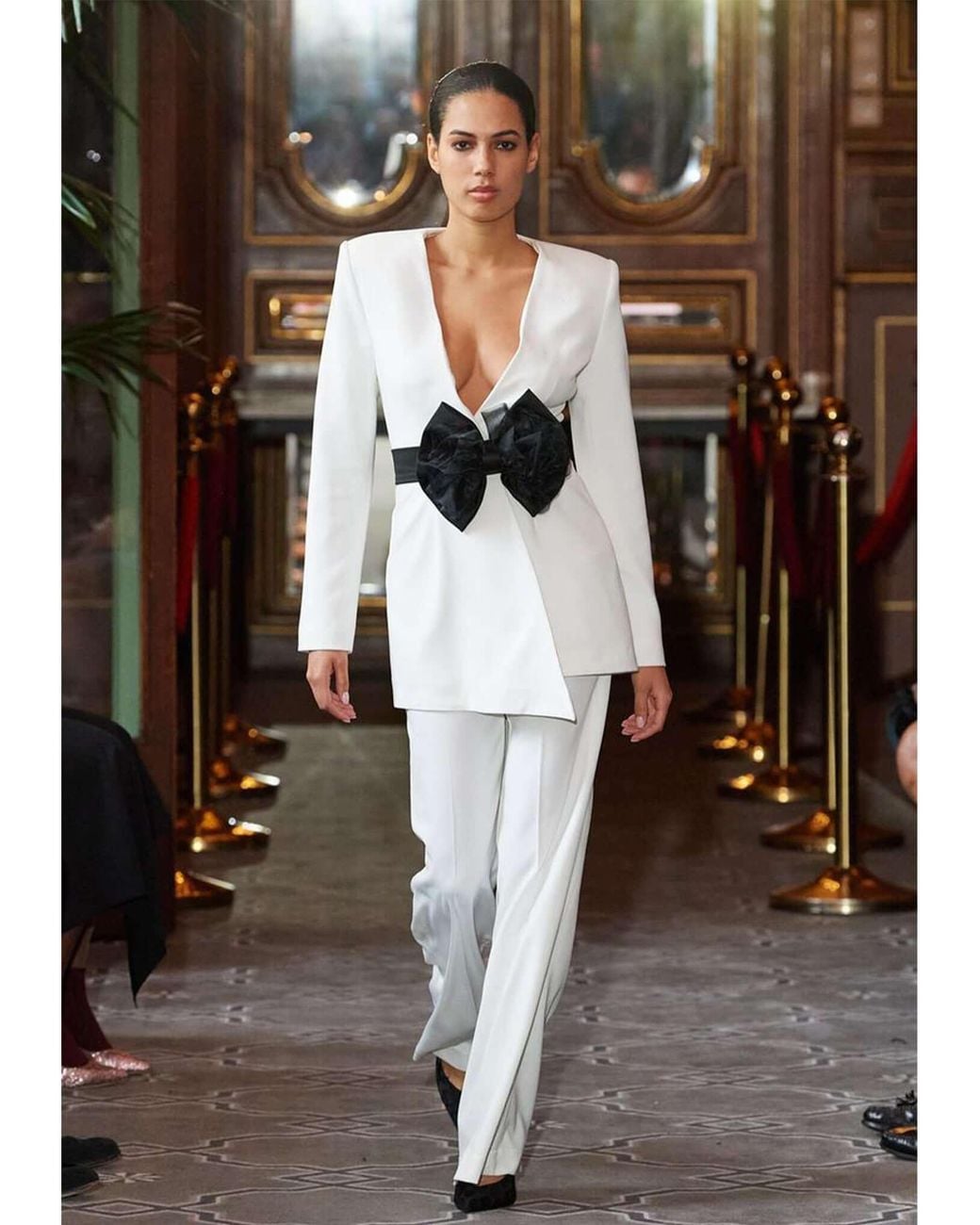 Tia Dorraine White Rare Pearl Power Suit With Detachable Bow Belt