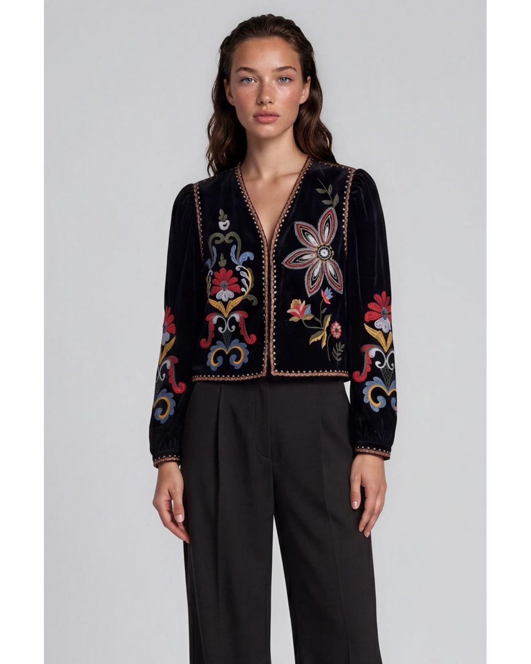 Traffic People Black Folklore Velvet Floral Embroidered Blazer Jacket