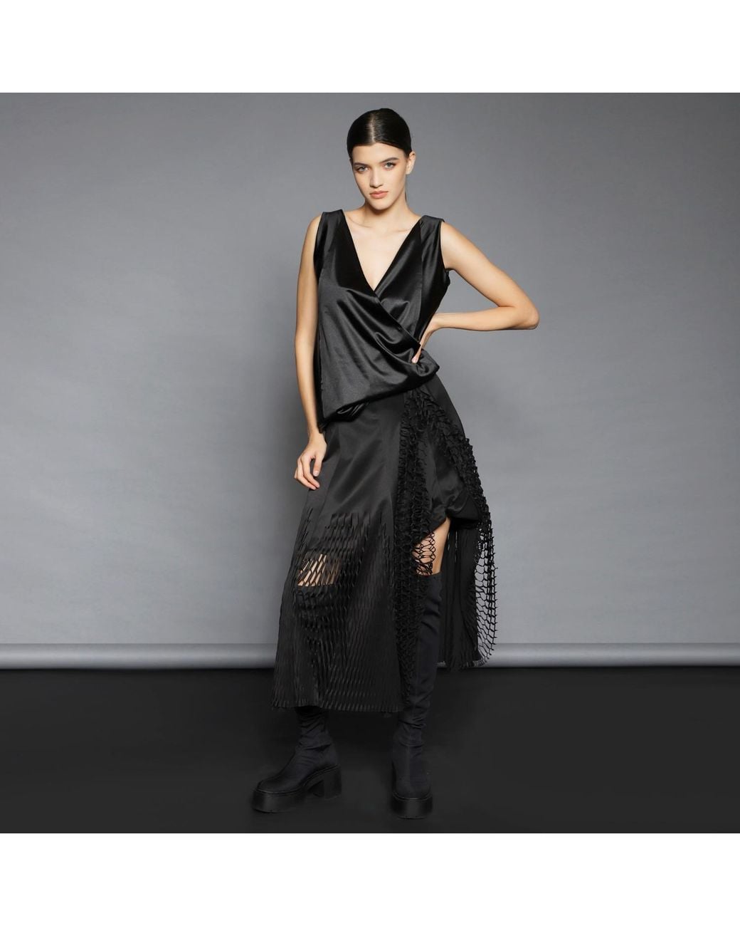 Silvia Serban Black Midi Laser Cut Paneled Skirt