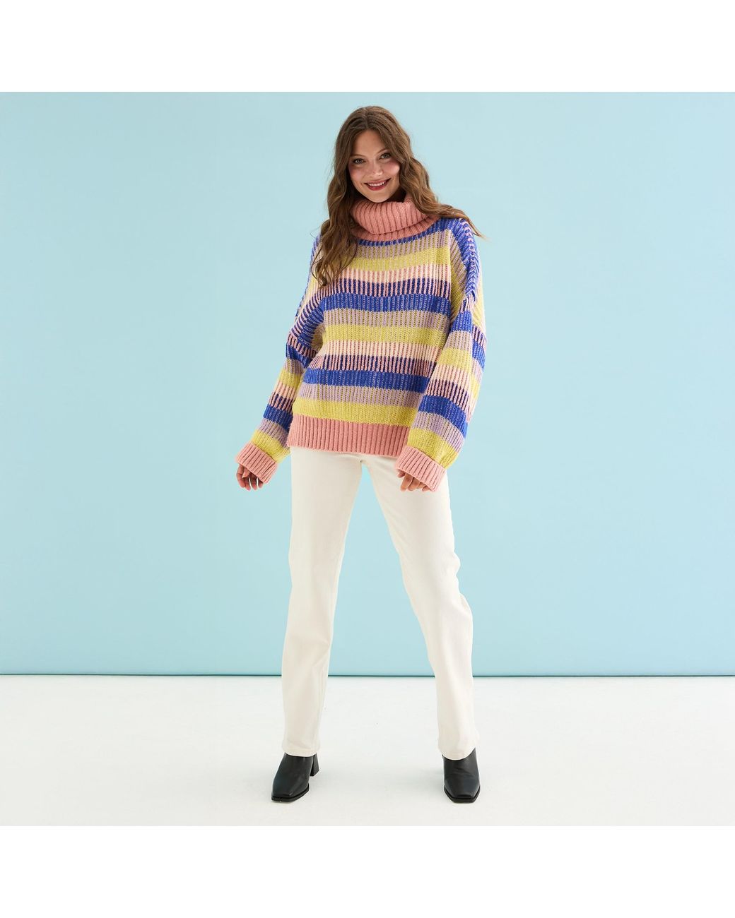 Cara & The Sky Blue Tasha Oversized Balloon Sleeve Stripe Roll Neck Jumper