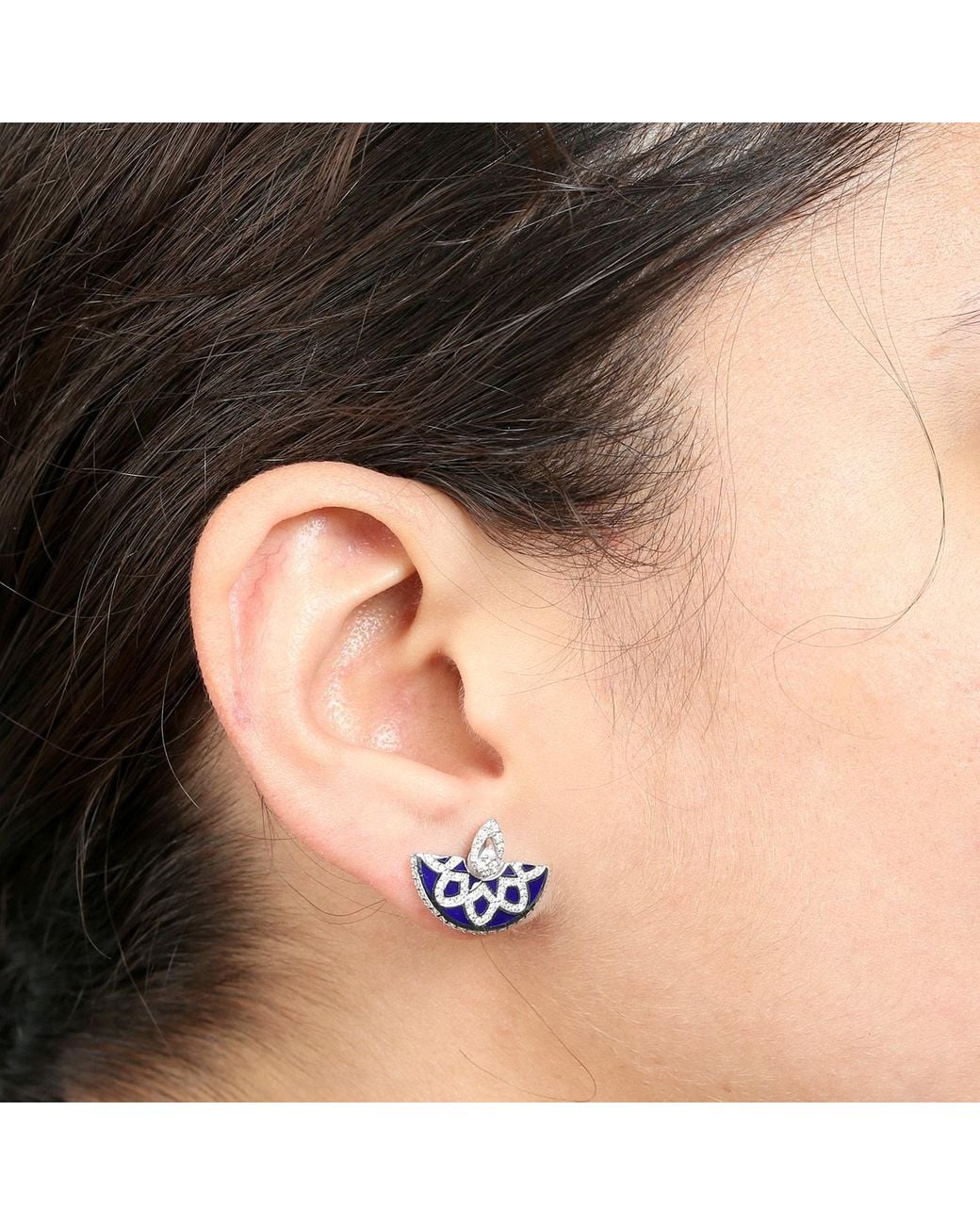 Artisan Blue Enamel & Diamond Art Deco Fan Earrings