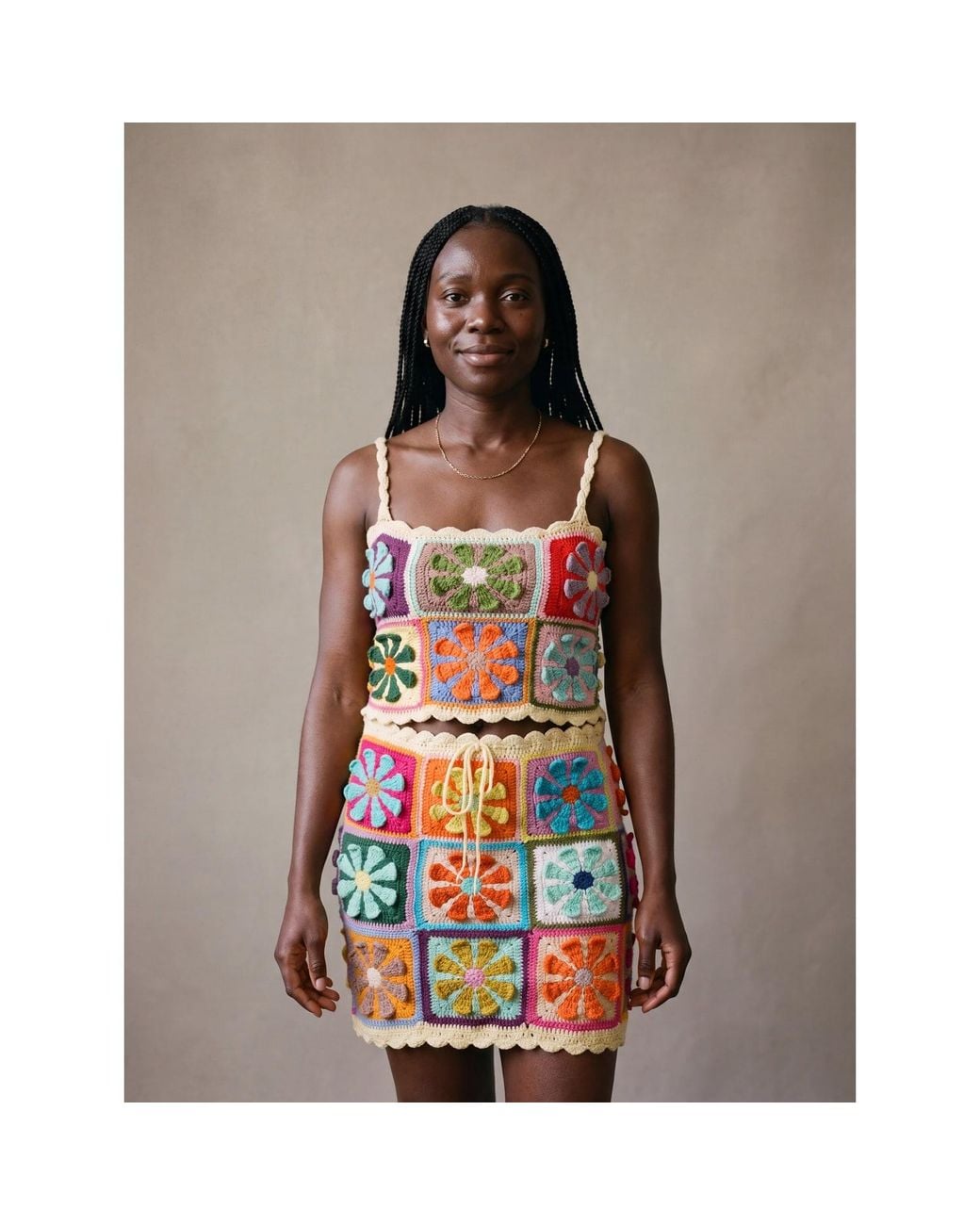 Ana Chic Blue Bloom Granny Square Handmade Crochet Mini Skirt