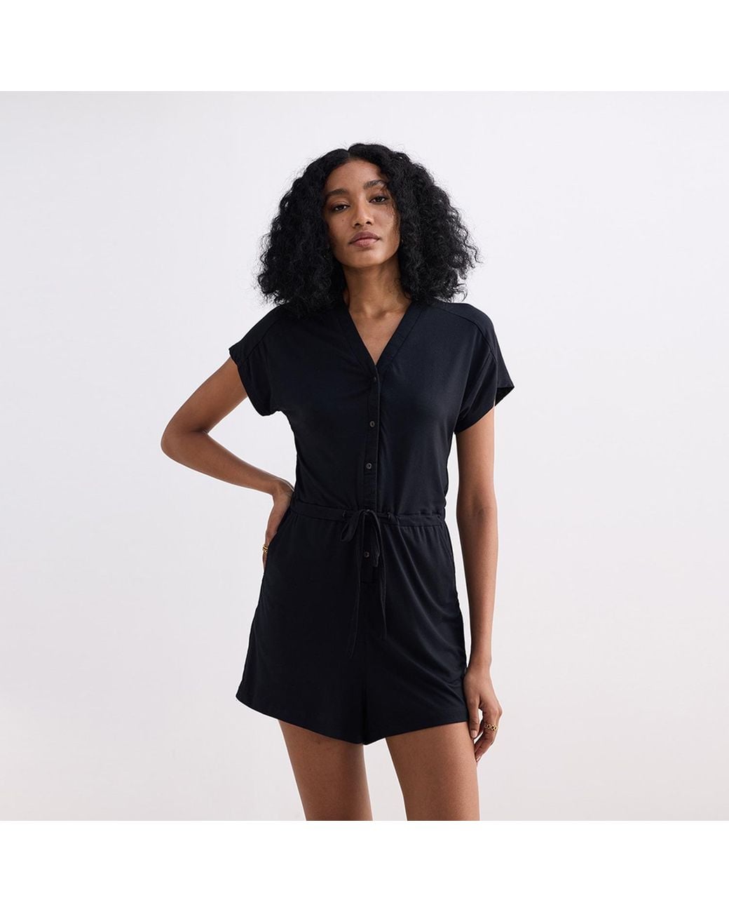 REISTOR Black V Neck Drawstring Knit Romper