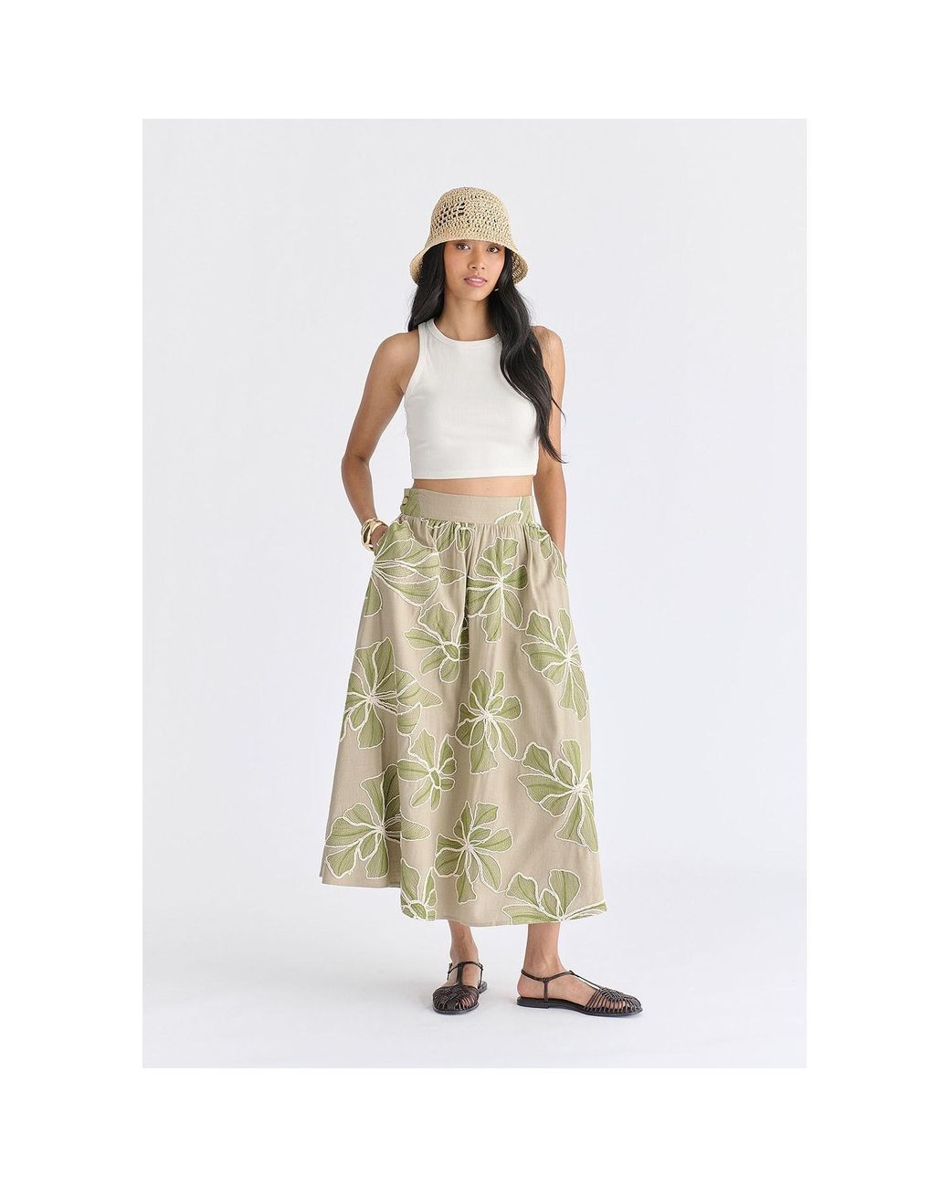 Paisie Natural Floral Embroidered Midi Skirt