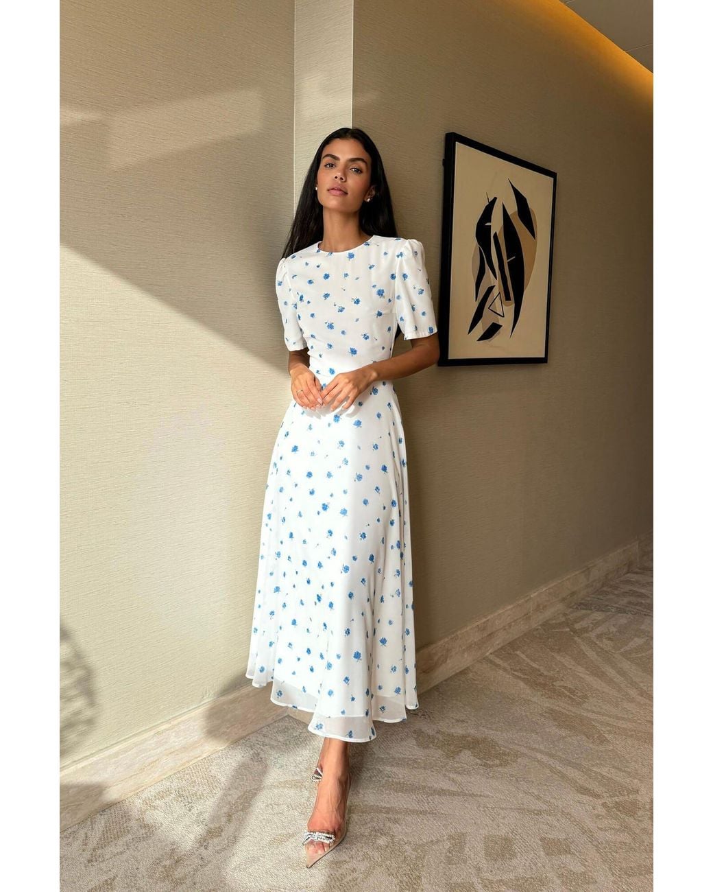 POST MERIDIEM White Printed Short Sleeve Floral Midi Dress