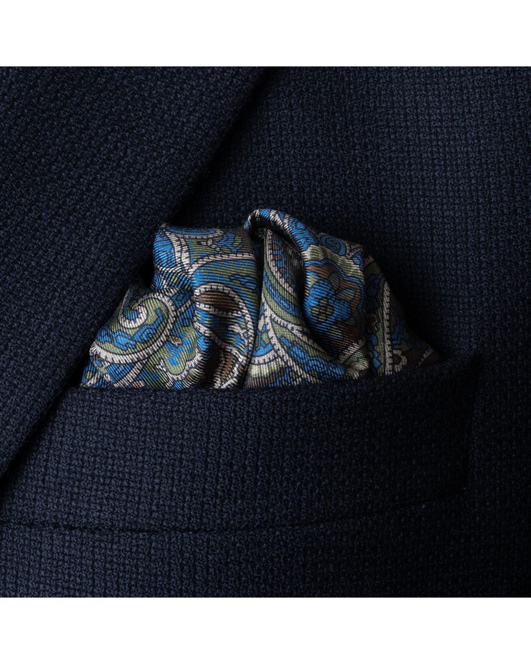 Otway & Orford Blue 'Cypress' Paisley Silk Pocket Square for men