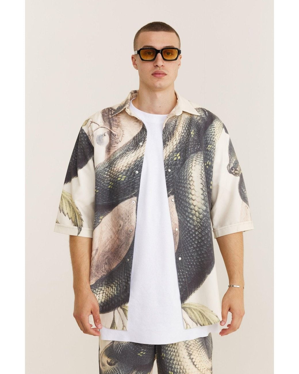 mysimplicated Natural Neutrals Short Sleeve Shirt And Bermuda Set With Snake Design for men