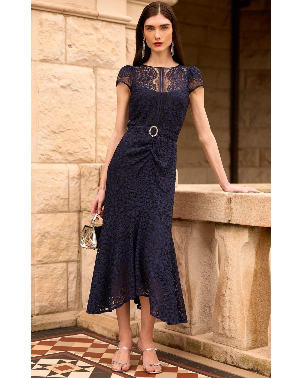 SACHA DRAKE Blue Affair Of Honour Scalloped Lace Midi Dress