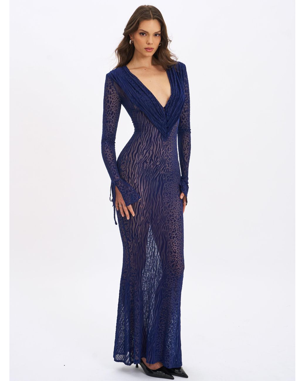 Miss Circle New York Blue Ilyse V-Neck Plunge Animal Print Mermaid Hem Maxi Dress