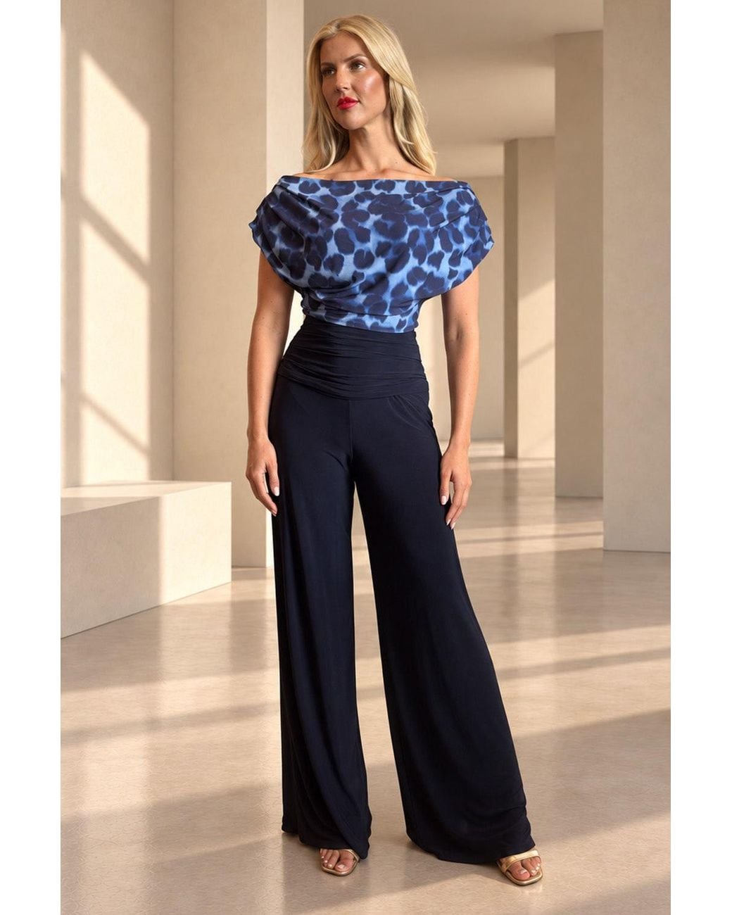Atom Label Blue Carbon Bardot Wide Leg Jumpsuit