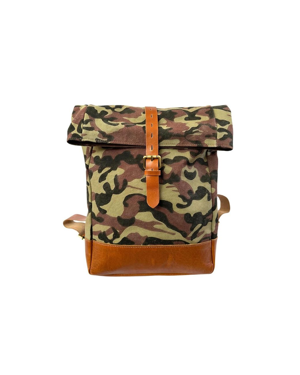 VIDA VIDA Green Camo Canvas And Leather Roll Top Backpack