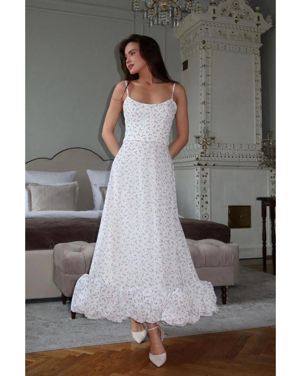 POST MERIDIEM White Floral Flounce Bustier Midi Dress