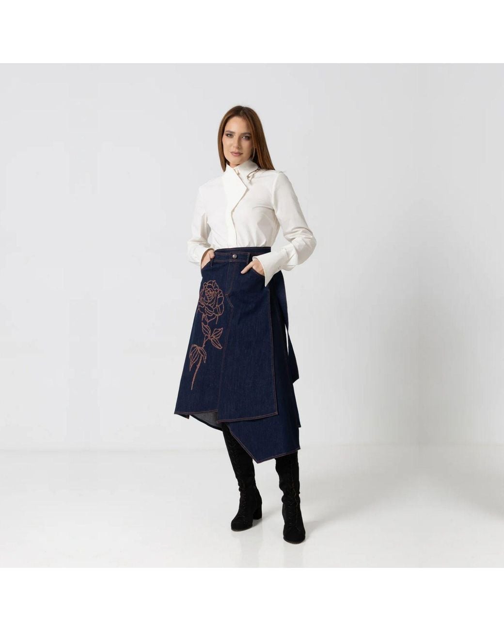 IZABELA MANDOIU Blue Denim Wrap Skirt With Rose Floral Embroidery