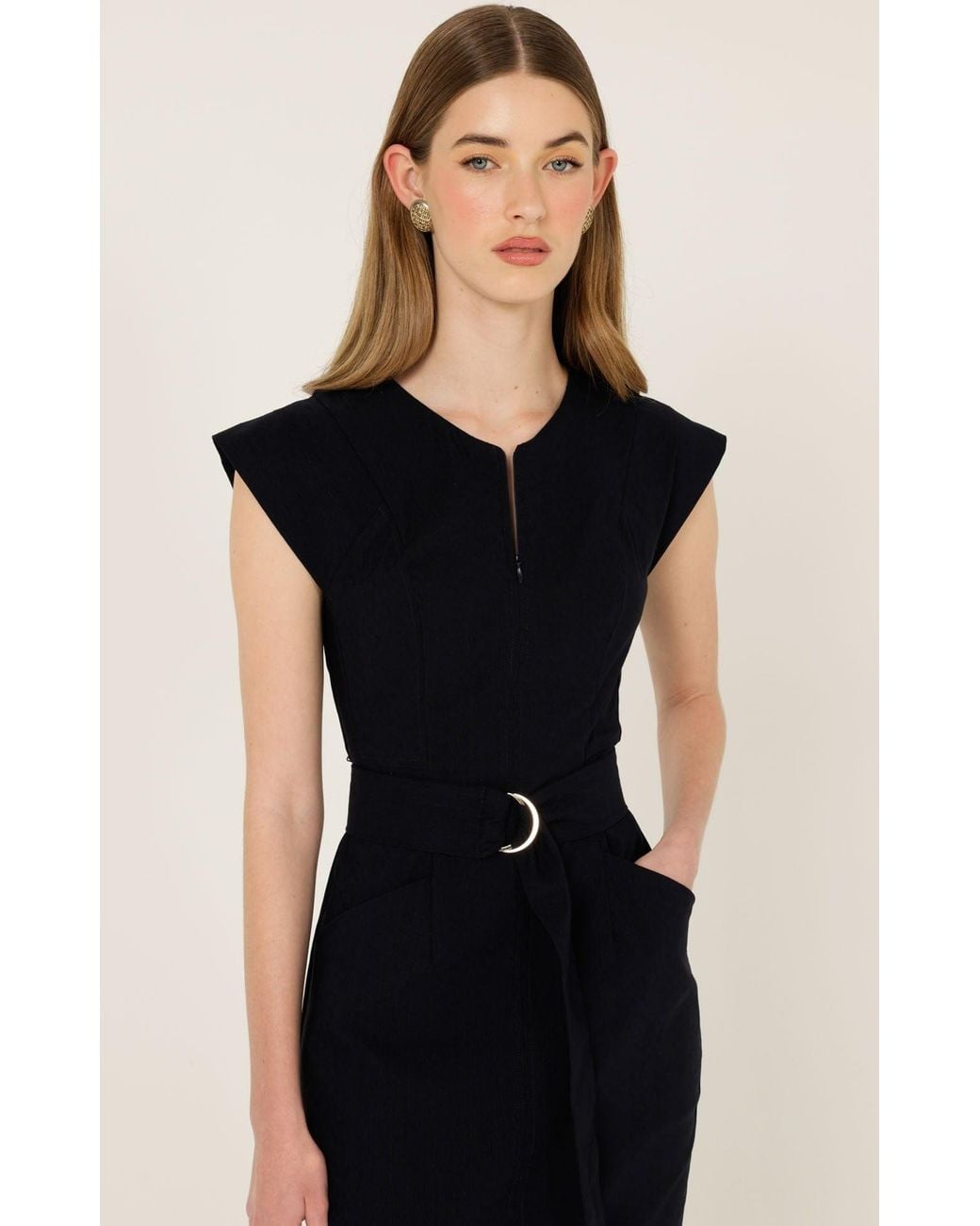 SACHA DRAKE Black Zip Front Stretch Fitted Midi Dress