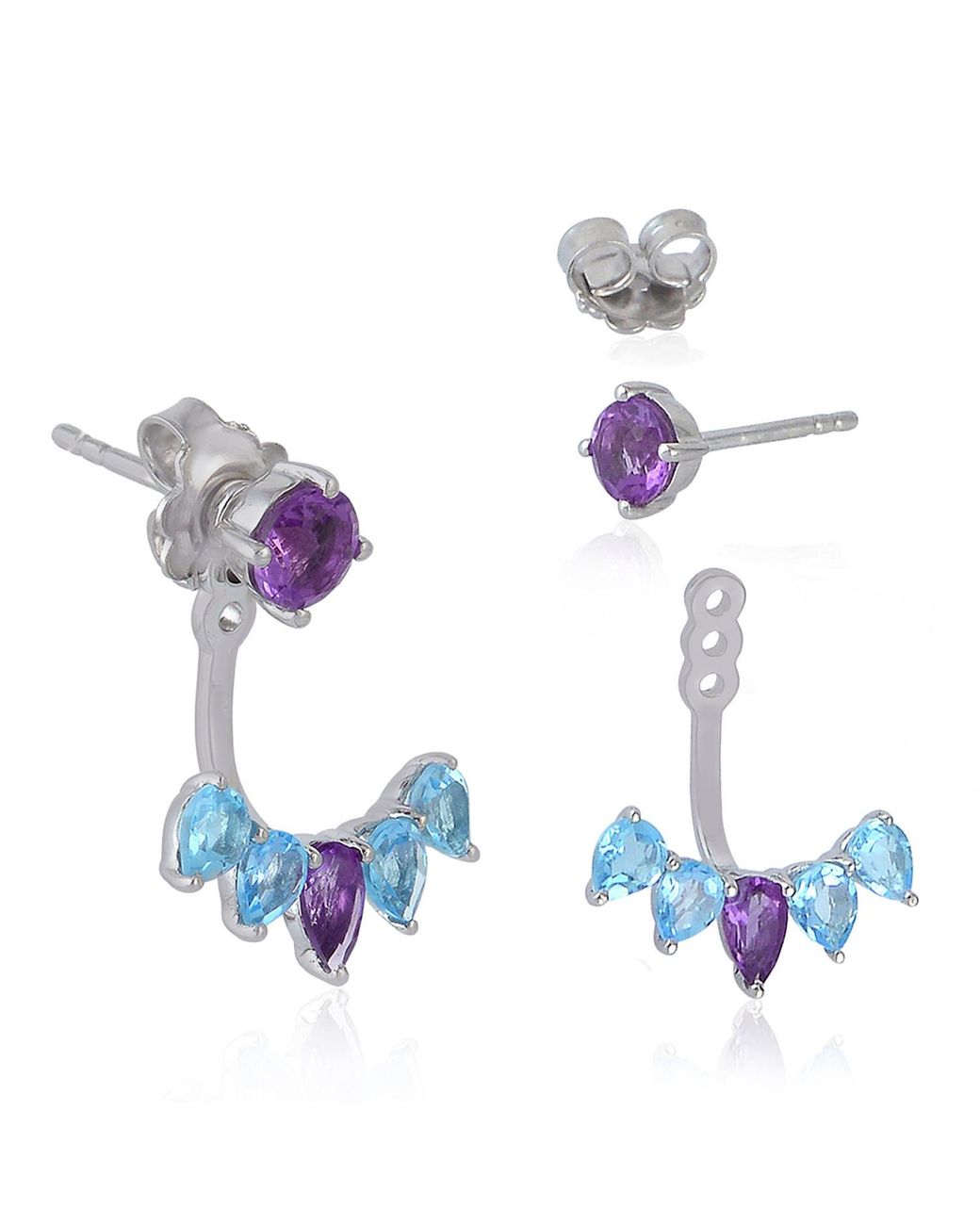 Artisan Purple Blue Topaz Amethyst Designer Ear Jackets 14k White Gold Handmade Jewelry