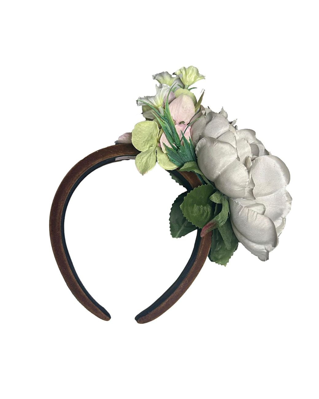Natalia Petruch Green Selene Honey Amber Velvet Flower Headband – Faux Floral Statement Hair Accessory, Handmade