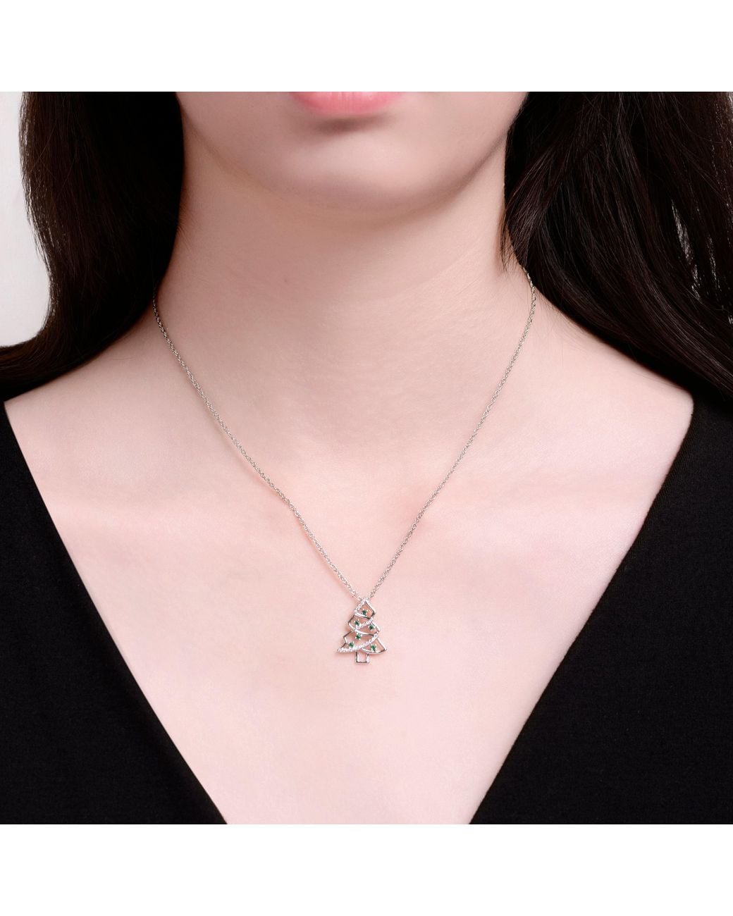 Genevive Jewelry White Plated With Emerald & Clear Cubic Zirconia Christmas Tree Design Pendant Necklace