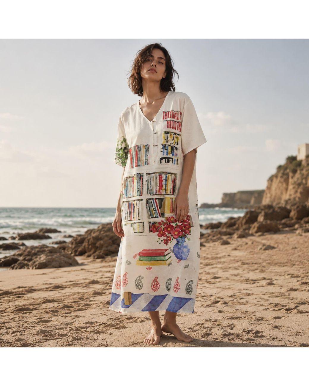 DHARA SHETH DUBAI White Abode Artistic Bookshelf Printed Kaftan Maxi Dress