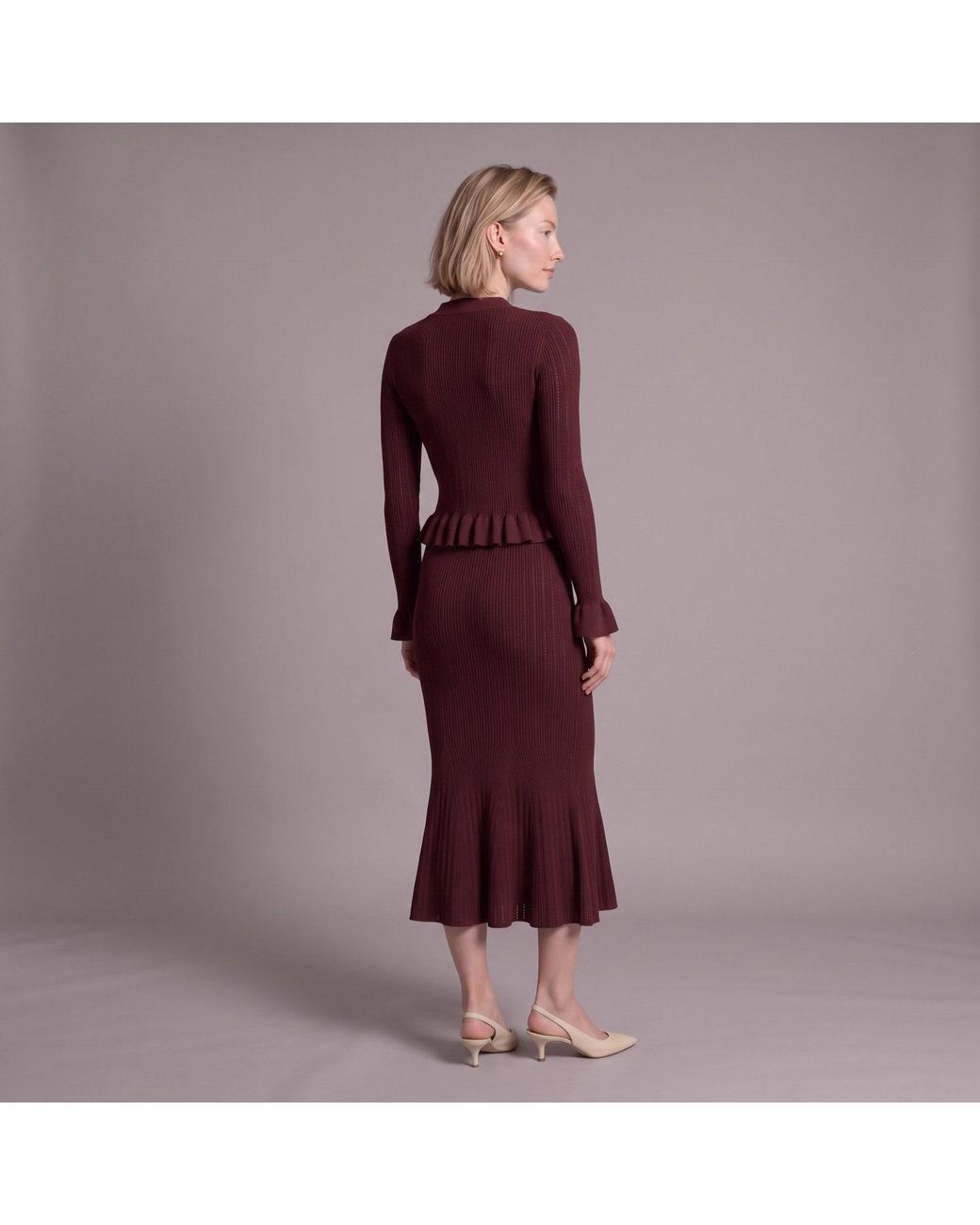 Modenaire Red Pointelle Knit Peplum Cardigan And Midi Skirt Set