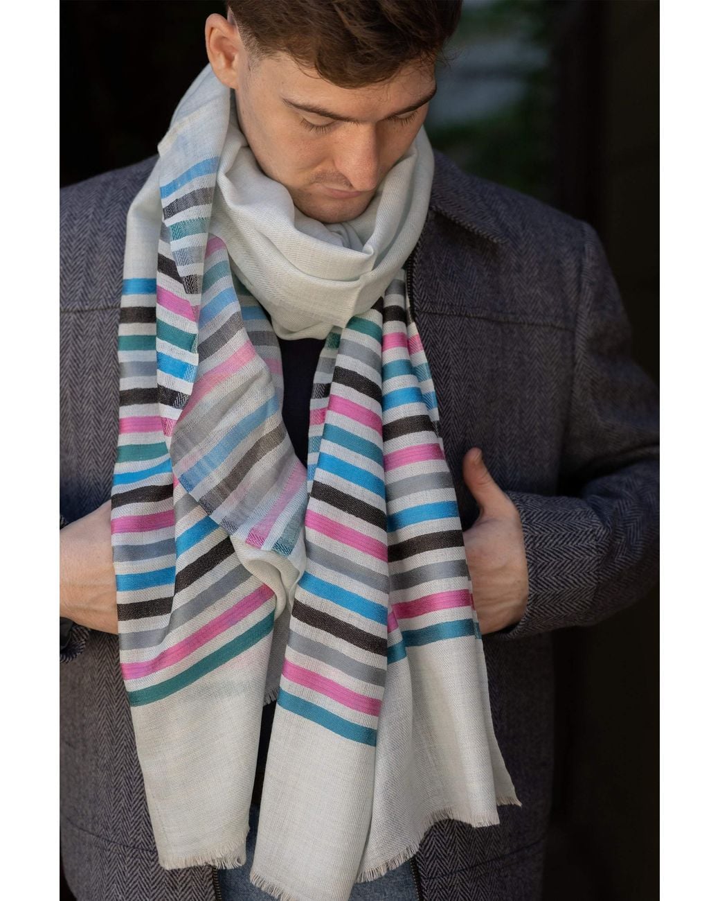 Stovaria Blue Ivory Stripe Cashmere Scarf for men