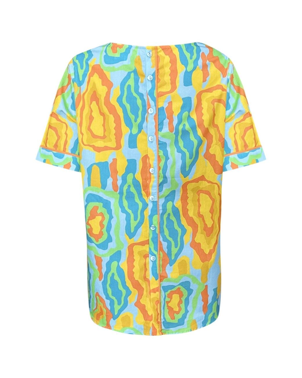 Perlavera Blue Didi Peach Carnaval Printed Cotton With Back Placket Short Sleeve Length Shirt
