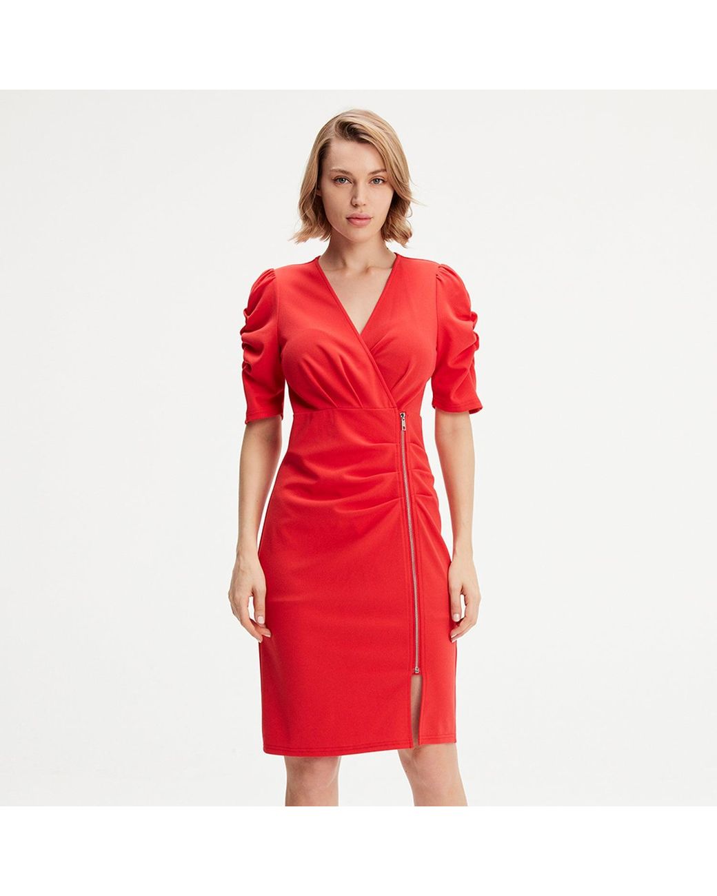 Smart and Joy Red Jersey Dress With Zip Side