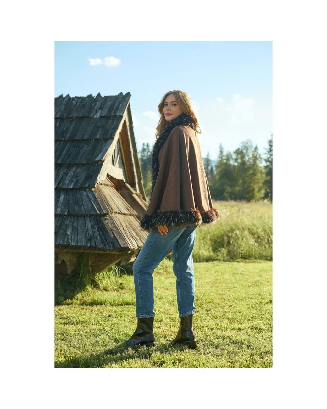 Saachi Brown Shaggy Faux Fur Cape Kimono