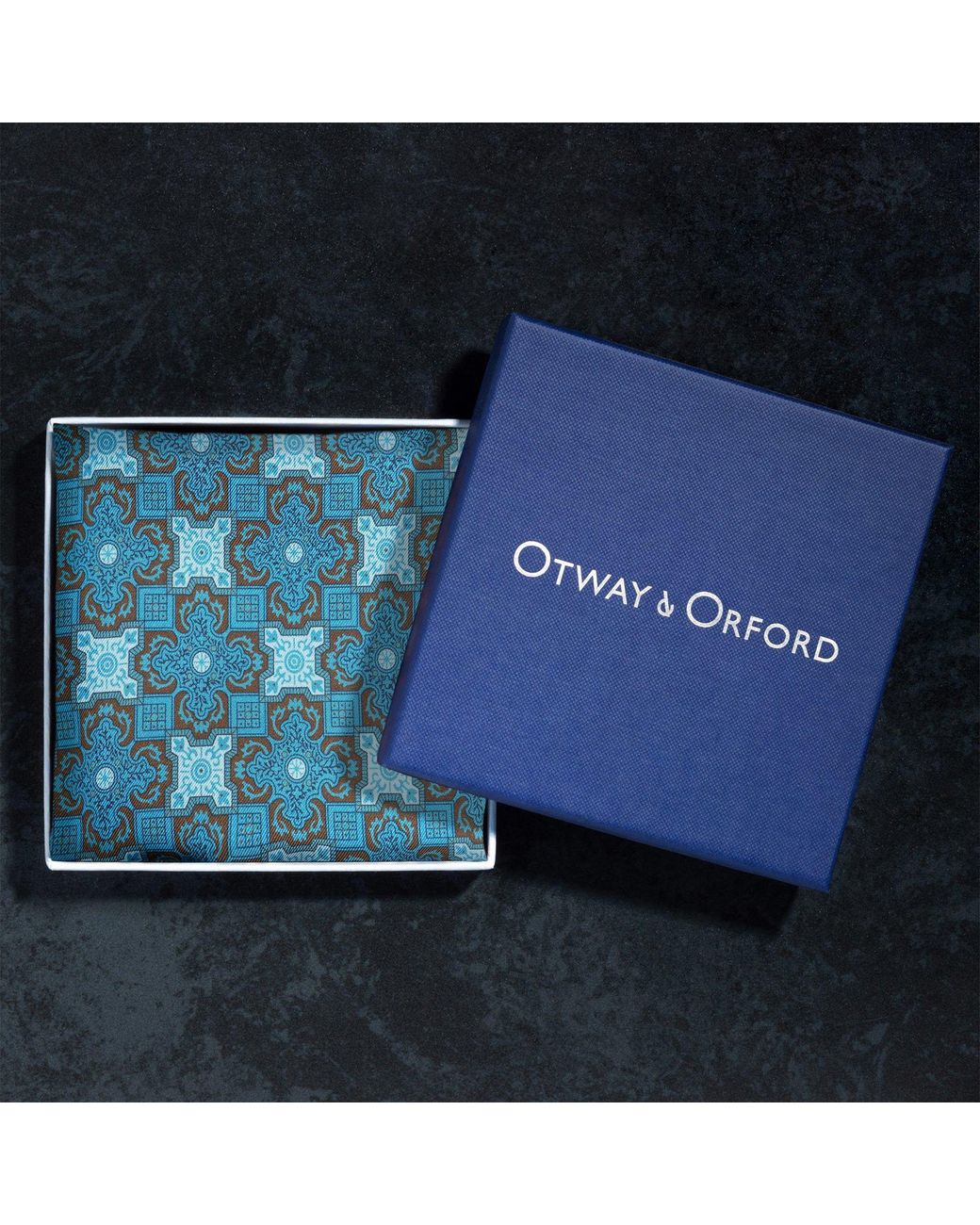 Otway & Orford Blue 'Arabesque' Tile Design Silk Pocket Square for men