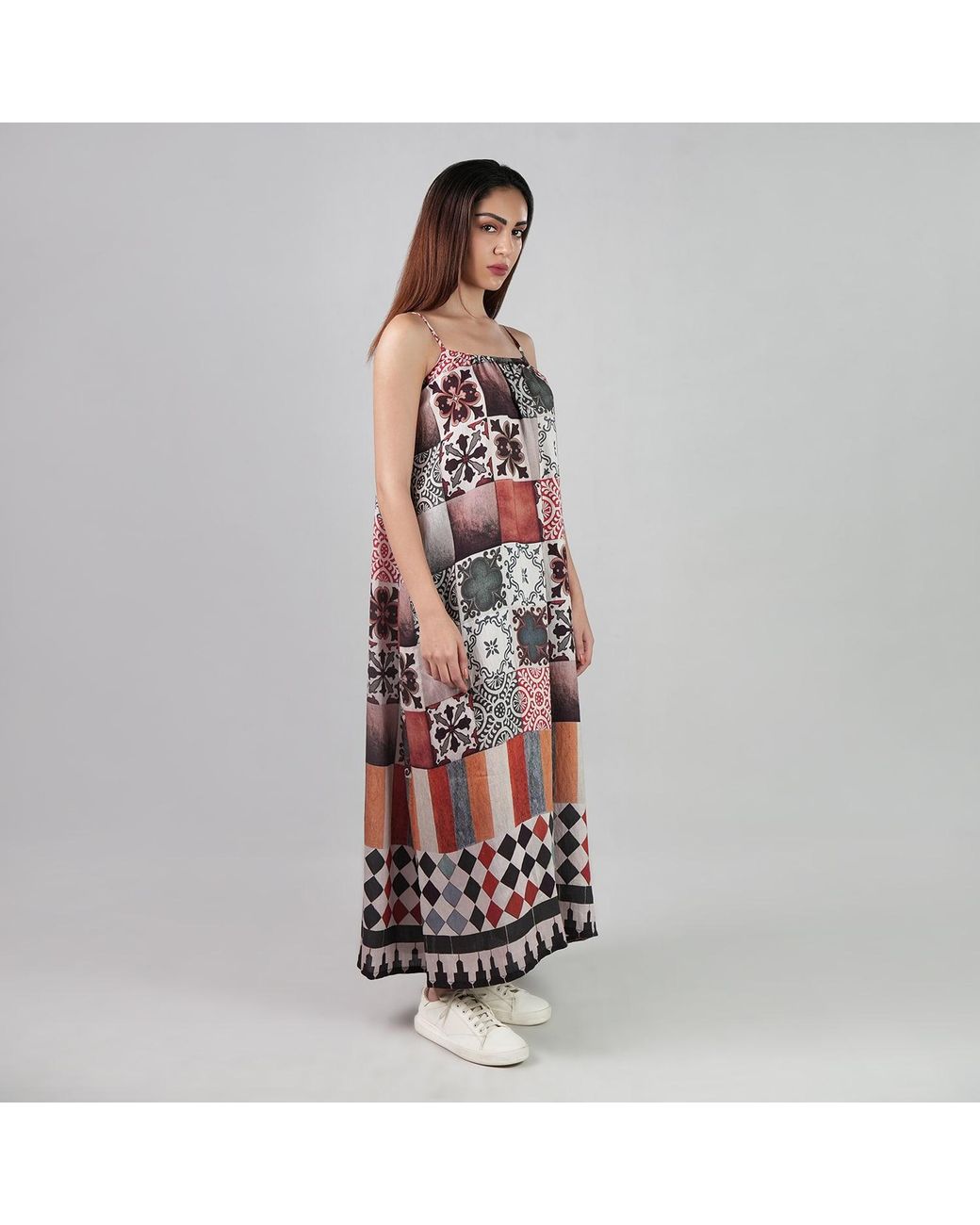 DHARA SHETH DUBAI Red Celestial Tesserae Mosaic Print Spaghetti Strap Cotton Maxi Dress