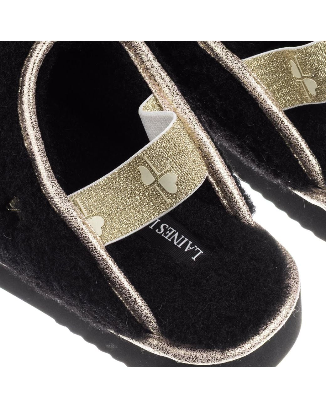 Laines London Black Flatform Cloud Slippers With Bengal Cat & Paw Brooches