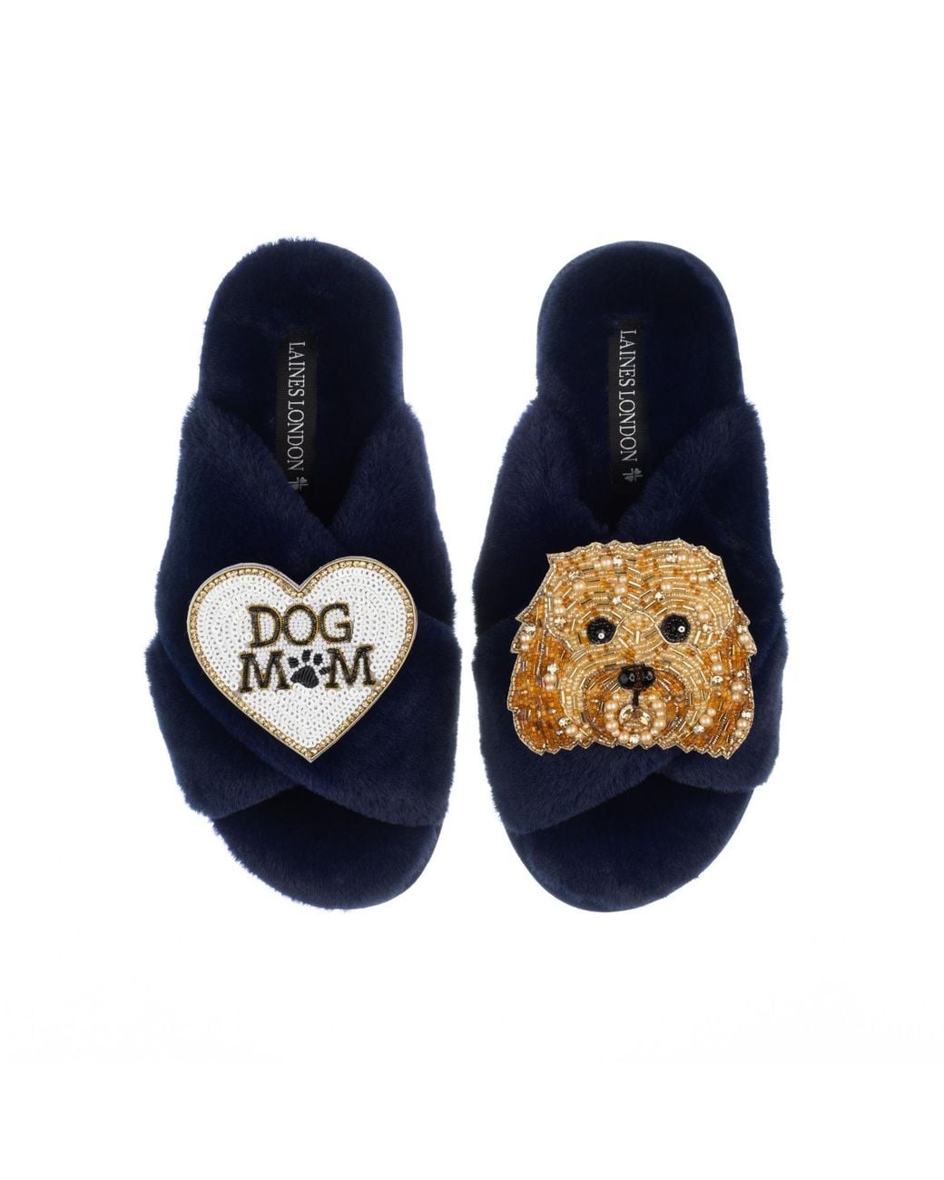 Laines London Blue Classic Laines Slippers With Enki-Doo The Cockapoo & Dog Mum Mom Brooches
