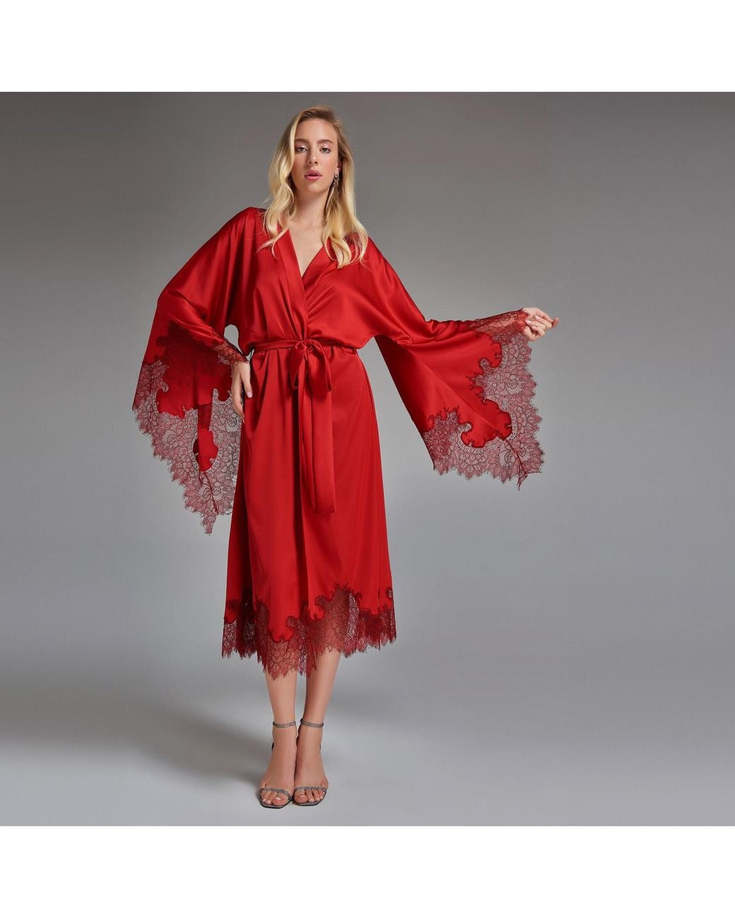 Avenue 8 Red Lace Maxi Silk Robe