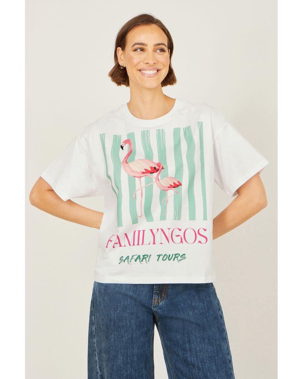 Yumi' White Retro Relaxed Flamingo Cotton T Shirt