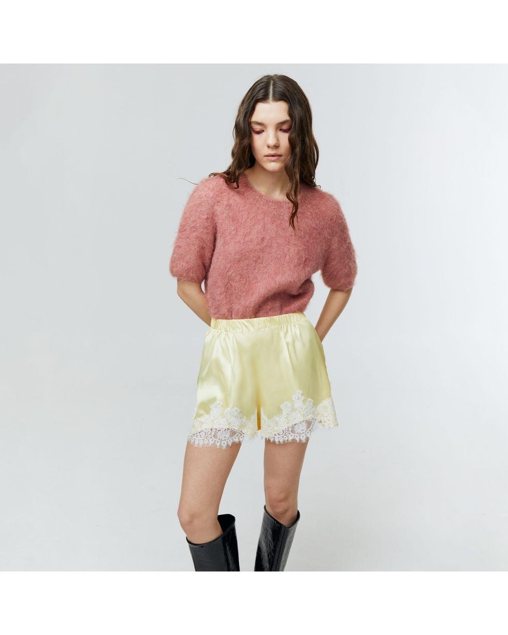 Ats the Label Yellow Rosalie Lace Satin Shorts