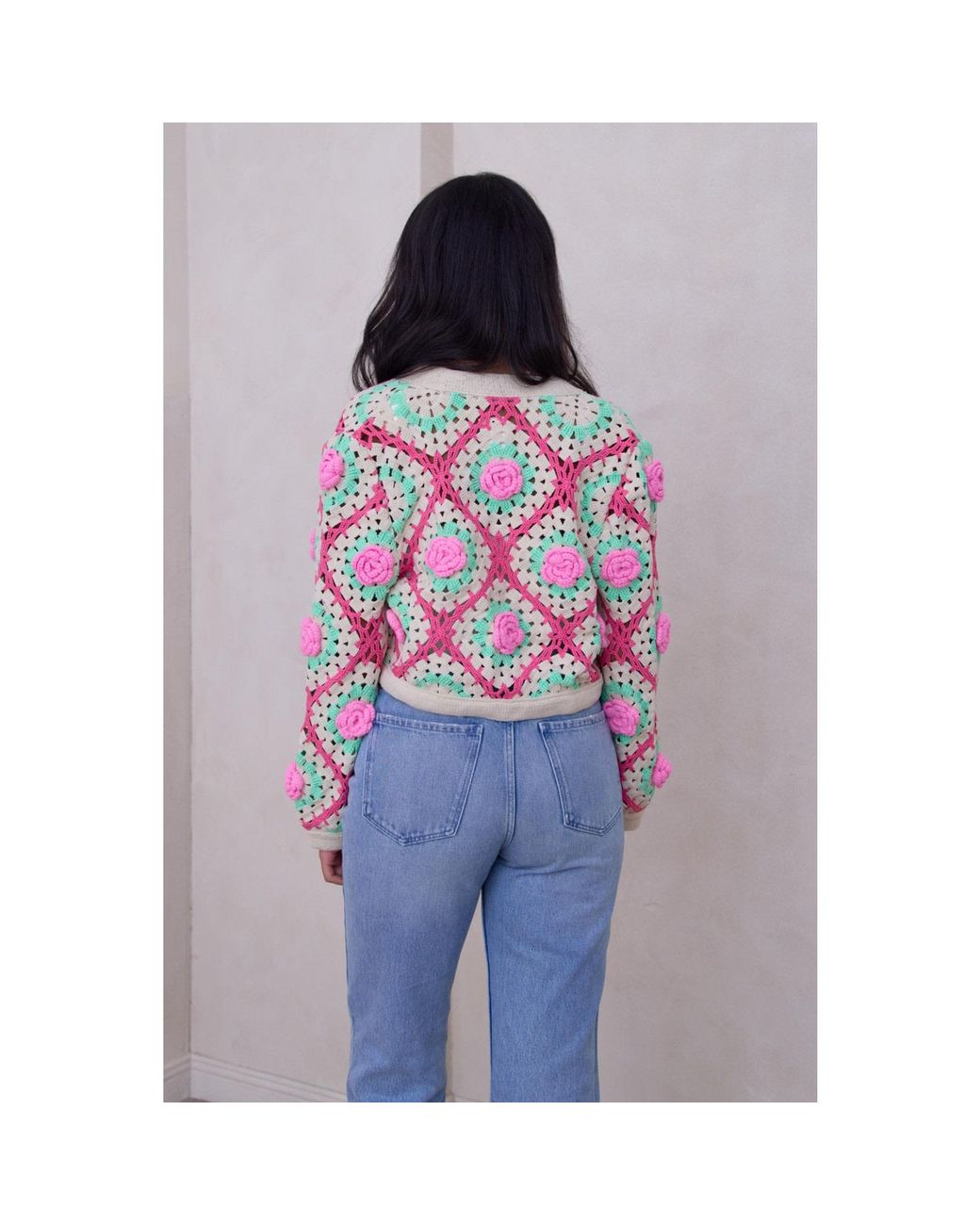 Saachi Pink Rosette Crochet Cardigan