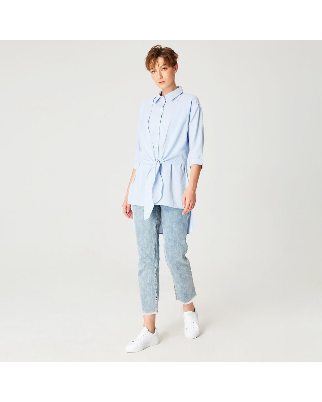 Smart and Joy Blue Long Shirt With Knotted Panels