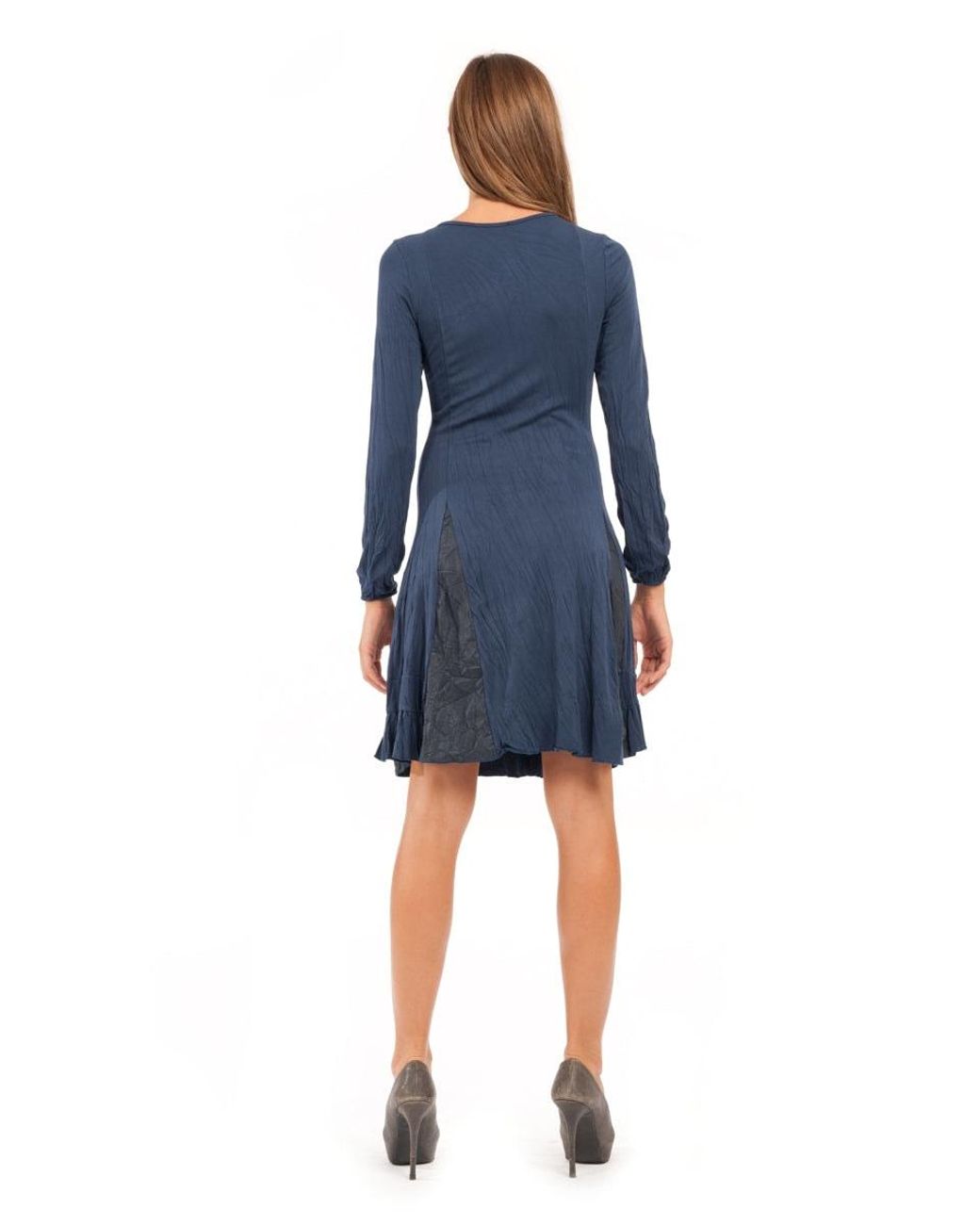 Conquista Blue Long Sleeve A Line Jersey Dress With Creased Fabric Detail