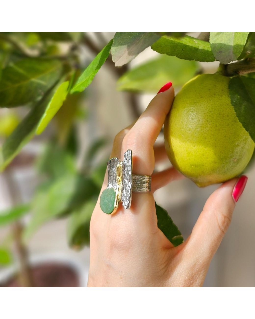 Farra Green Aventurine Stone Setting Statement Ring
