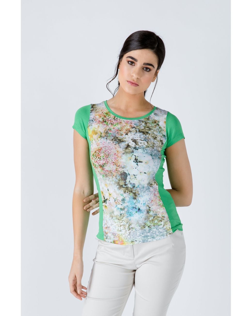Conquista Green Short Sleeve Floral Print Top