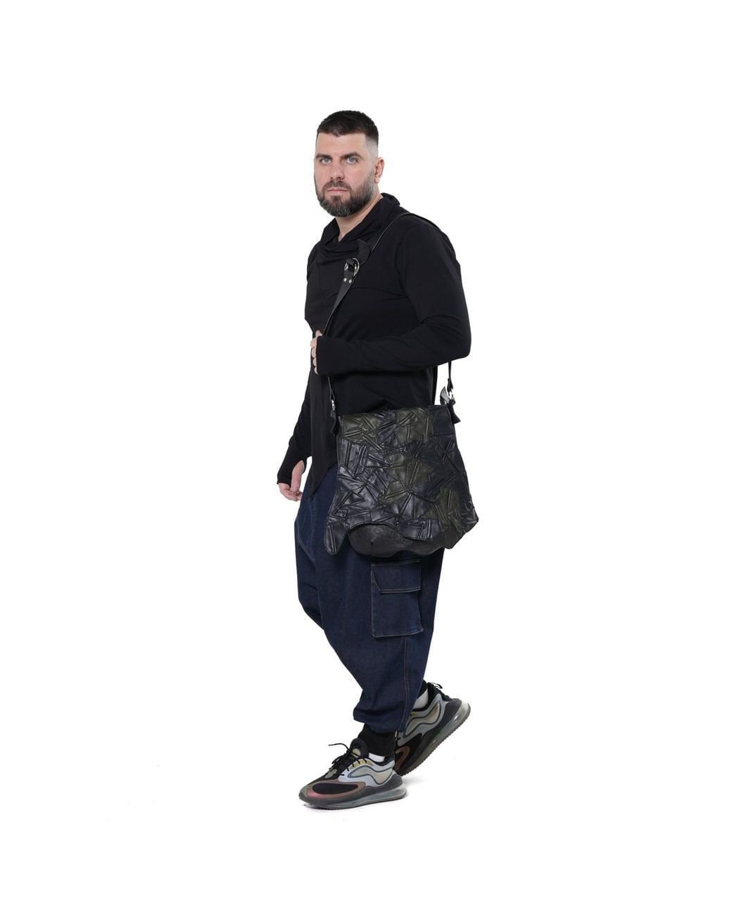 Metamorph Black Leather Patchwork Crossbody Bag for men