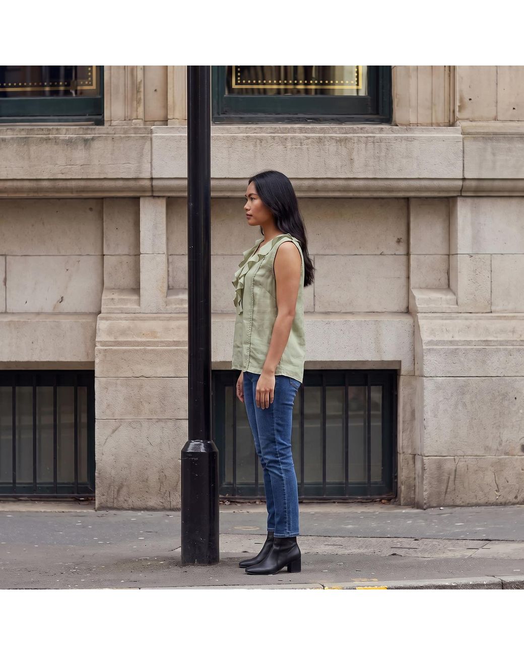 Modenaire Green Sleeveless Ruffle Front Blouse With Lace Inset Trim And V Neckline