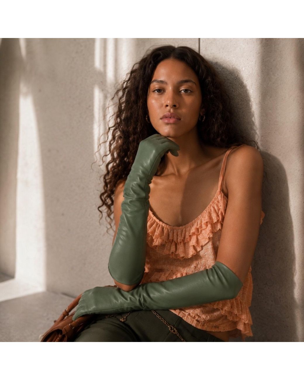 HIGH HEEL JUNGLE by KATHRYN EISMAN Green Milana Opera-Length Leather Gloves