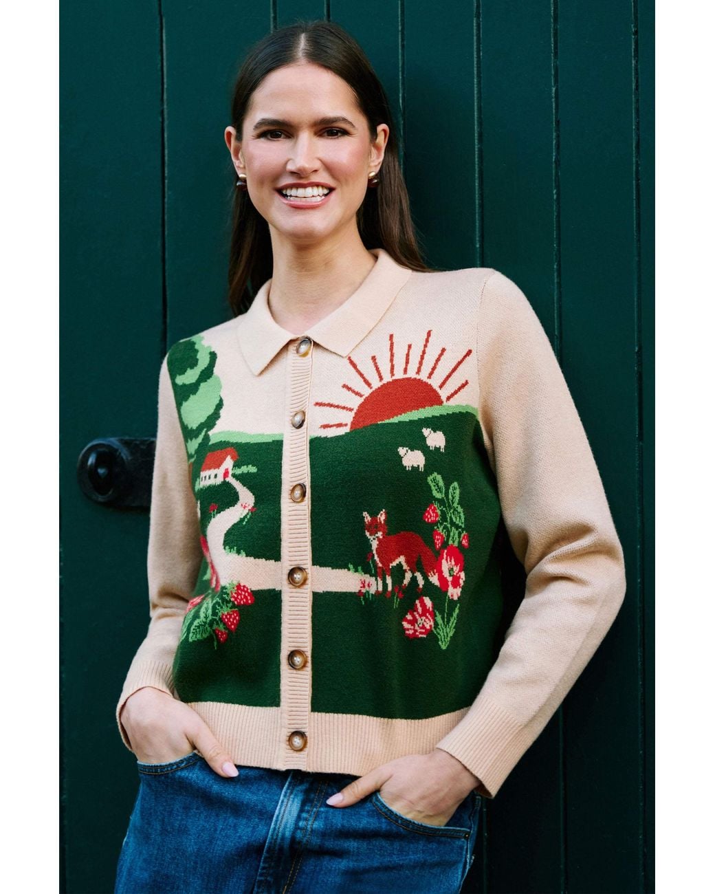 Yumi' Green Fox Scene Viscose Knitted Box Jacket