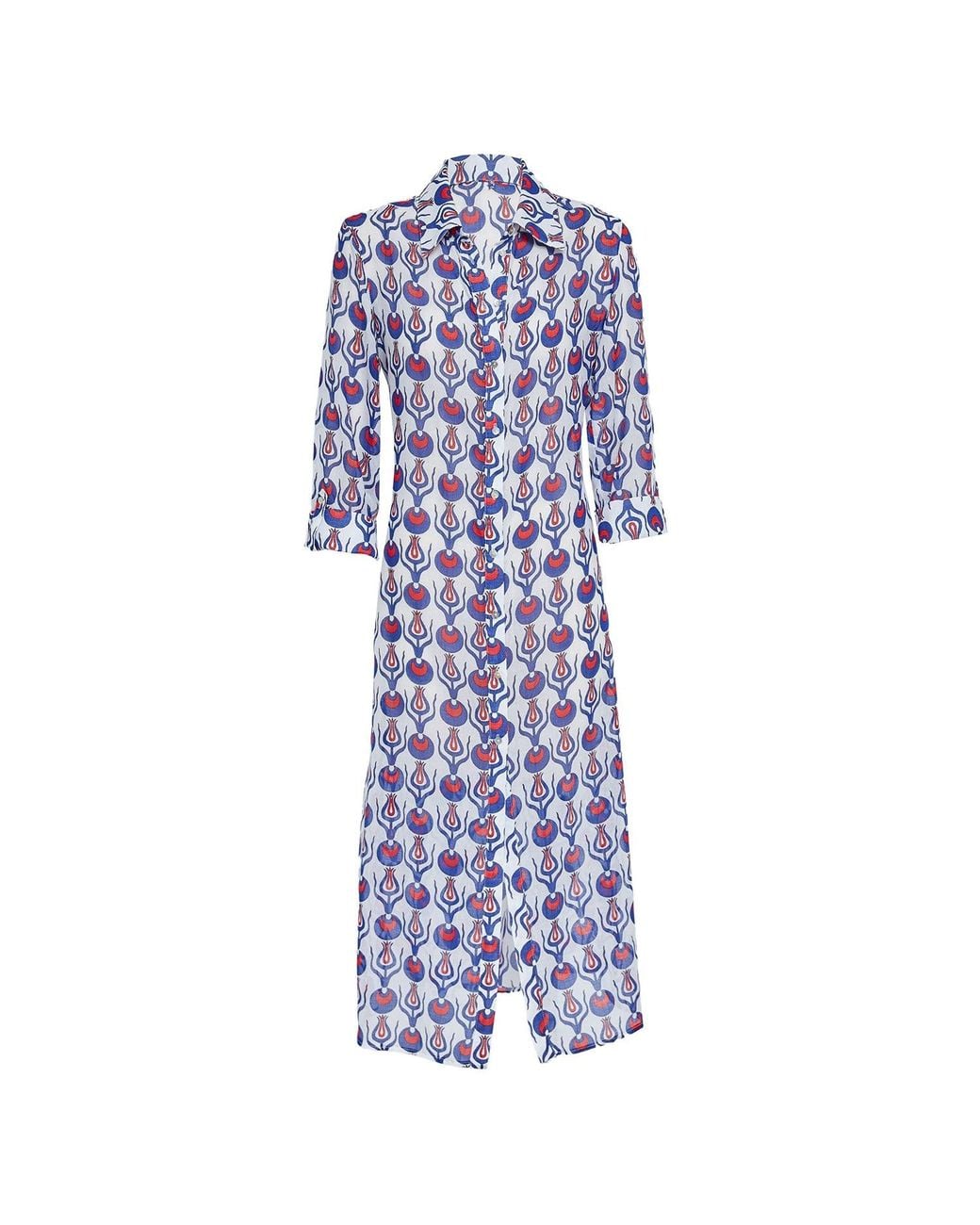 N'Onat Blue Boho Casual Button Down Shirt Dress With Evil-Eye Charm