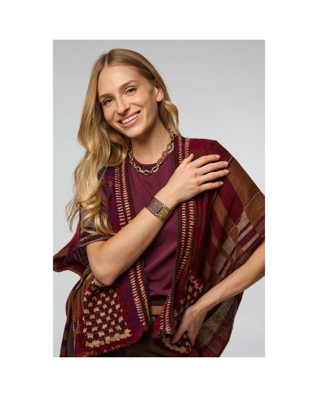 Saachi Red Crochet Trim Plaid Knit Poncho