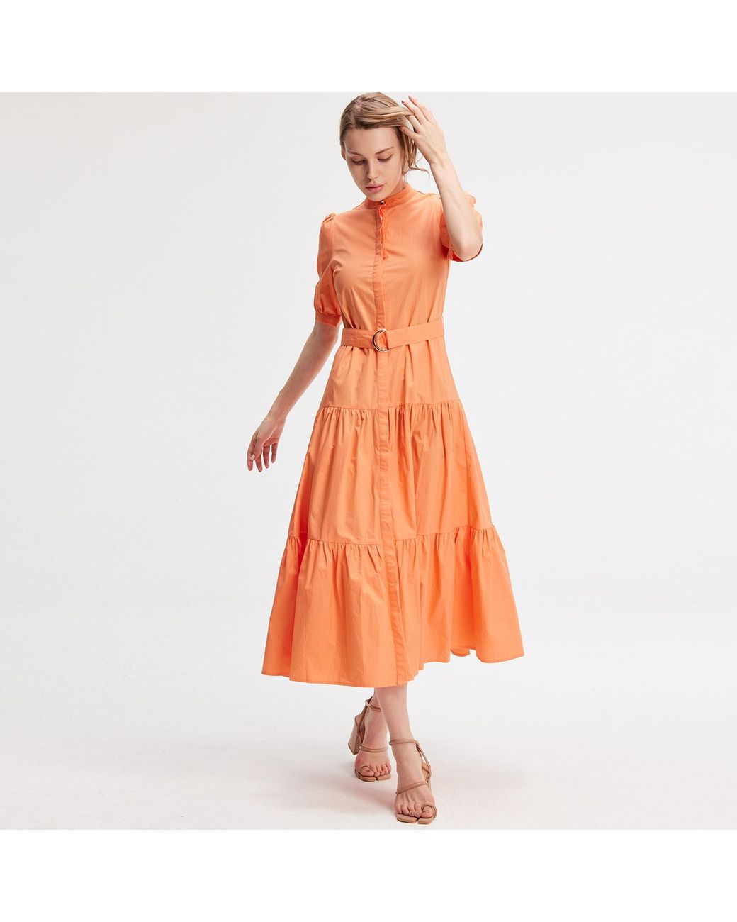 Smart and Joy Orange Cotton Shirt Dress With Added Belt