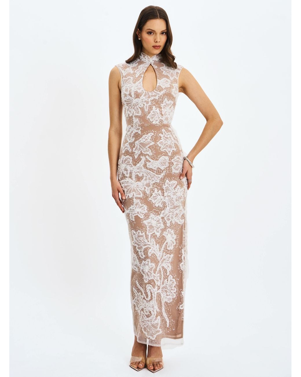 Miss Circle New York Gray Tavia Beaded Teardrop Neckline Maxi Dress